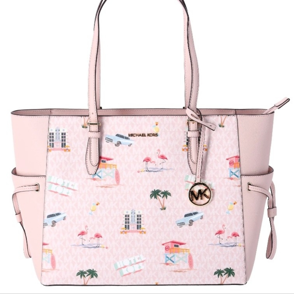 Michael Kors Gilly Large Travel Print Powder Blush Signature PVC Tote Handbag